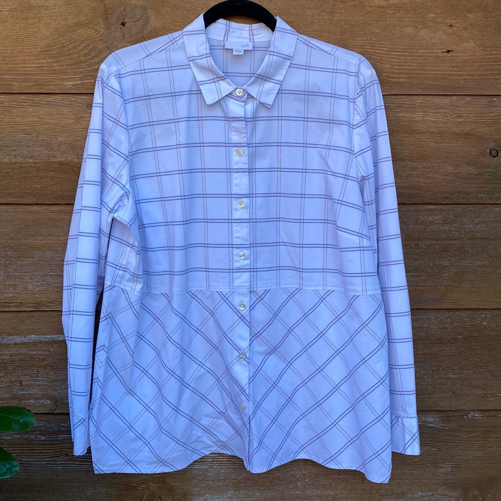 J. Jill White with Black and Pink Plaid Peplum Button Tunic